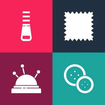 Set pop art Sewing button, Needle bed and needles, Leather and Zipper icon. V Stock Illustration