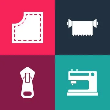 Set pop art Sewing machine, Zipper, Textile fabric roll and Pattern icon. Vector Illustrazione stock