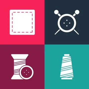 Set pop art Sewing thread, and button, knitting needles and Pattern icon. Vector Stock Illustration