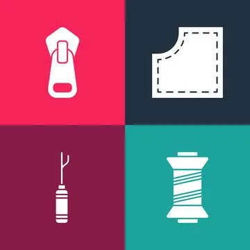 Set pop art Sewing thread, Awl tool, Pattern and Zipper icon. Vector Stock Illustration