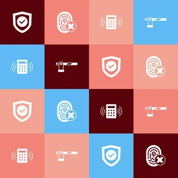 Set pop art Shield with check mark, Cancelled fingerprint, Security keypad ac Stock Illustration