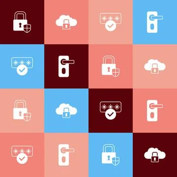 Set pop art Shield security with lock, Cloud computing, Password protection and Stock Illustration