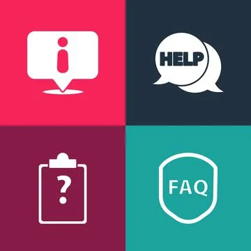 Set pop art Shield with text FAQ, Clipboard question marks, Speech bubble Help Stock Illustration