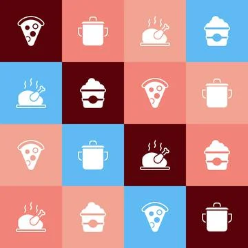 Set pop art Slice of pizza, Cooking pot, Roasted turkey or chicken and Popcorn Stock Illustration