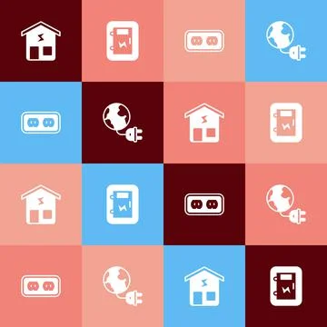 Set pop art Smart home, Electrical panel, outlet and Global energy planet with Stock Illustration