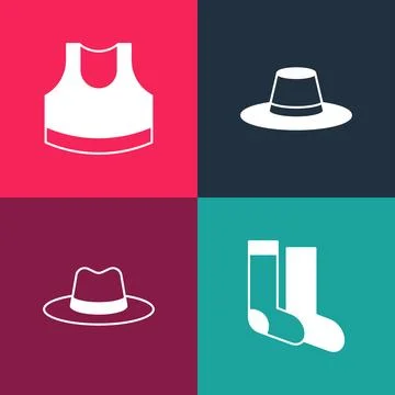 Set pop art Socks, Man hat,  and Female crop top icon. Vector 스톡 일러스트