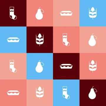 Set pop art Socks, Pear, Homemade pie and Wheat icon. Vector Stock Illustration