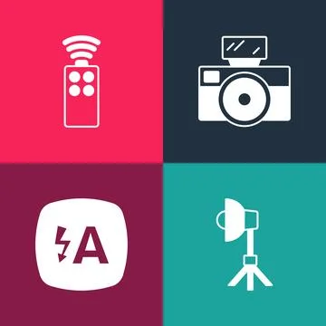 Set pop art Softbox light, Auto flash, Photo camera with and Remote control for Stock Illustration