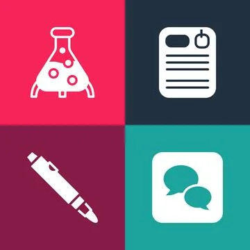 Set pop art Speech bubble chat, Marker pen, Dossier folder and Test tube an.. Stock Illustration