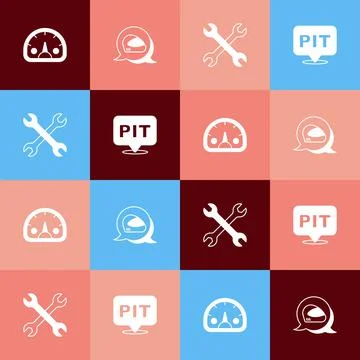 Set pop art Speedometer, Racing helmet, Wrench spanner and Pit stop icon. Vector Illustrazione stock