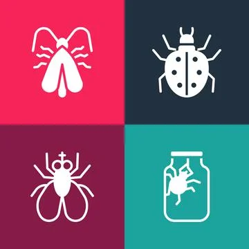 Set pop art Spider in jar, Insect fly, Mite and Clothes moth icon. Vector Stock Illustration