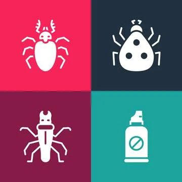Set pop art Spray against insects, Termite, Ladybug and Beetle deer icon. Vector Stock Illustration