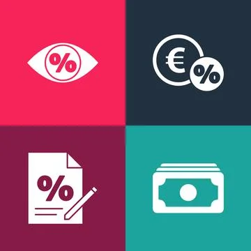 Set pop art Stacks paper money cash, Finance document, Money coin with percent 库存插图