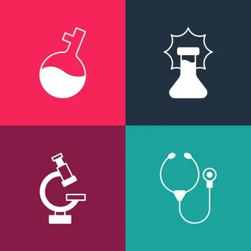 Set pop art Stethoscope, Microscope, Explosion in the flask and Test tube i.. Stockillustratie