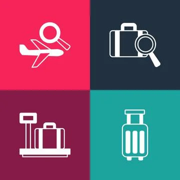 Set pop art Suitcase, Scale with suitcase, Lost baggage and Airplane search icon Illustration