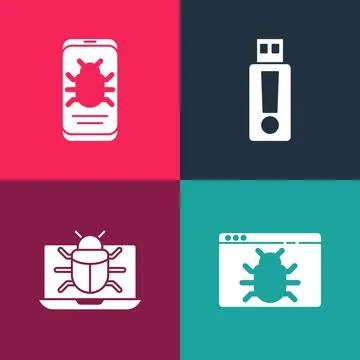 Set pop art System bug, on monitor, USB flash drive and mobile icon. Vector イラスト素材