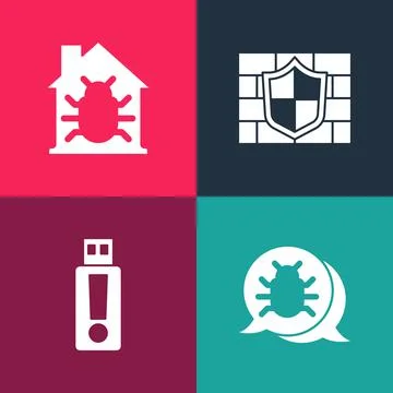 Set pop art System bug, USB flash drive, Shield with brick wall and House system イラスト素材