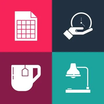 Set pop art Table lamp, Cup of tea with tea bag, Clock and File document icon イラスト素材