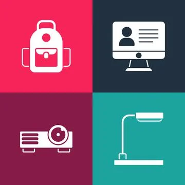 Set pop art Table lamp, Movie, film, media projector, Online class and School Stock Illustration