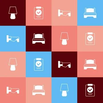 Set pop art Table lamp, Medical prescription, Bed and Big bed icon. Vector Stock Illustration