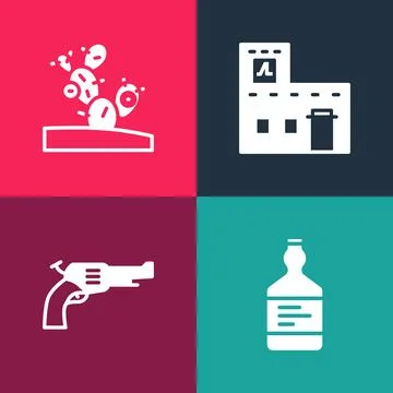 Set pop art Tequila bottle, Revolver gun, Mexican house and Cactus icon. Vector Ilustración de archivo