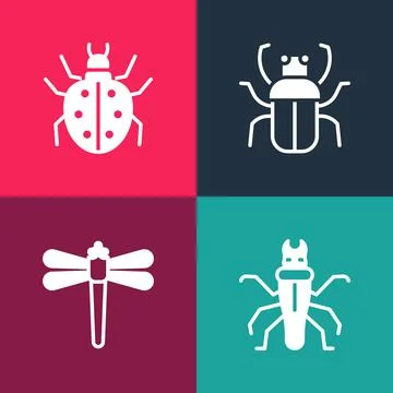 Set pop art Termite, Dragonfly, Stink bug and Mite icon. Vector Ilustración de archivo