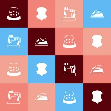 Set pop art Thimble for sewing, Leather, Sewing machine and Electric iron icon Stock Illustration