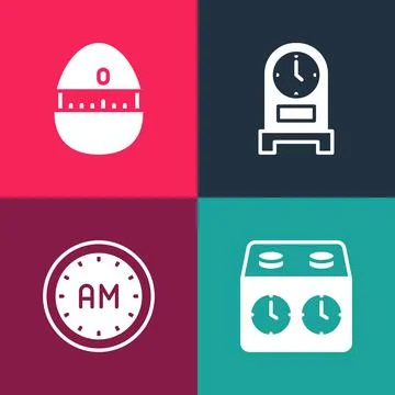Set pop art Time chess clock, Morning time, Antique and Kitchen timer icon. V Stock Illustration
