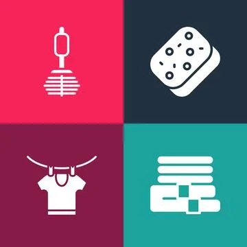 Set pop art Towel stack, Drying clothes, Sponge and Toilet brush icon. Vector Stockillustratie