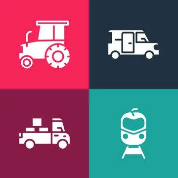 Set pop art Train and railway, Delivery truck, Minibus and Tractor icon. Vector Illustrazione stock