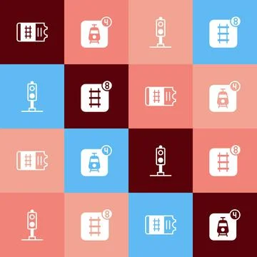 Set pop art Train ticket, Online booking, traffic light and icon. Vector Stock Illustration
