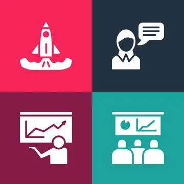 Set pop art Training, presentation, , Speech bubble chat and Rocket icon. Vector Stock Illustration