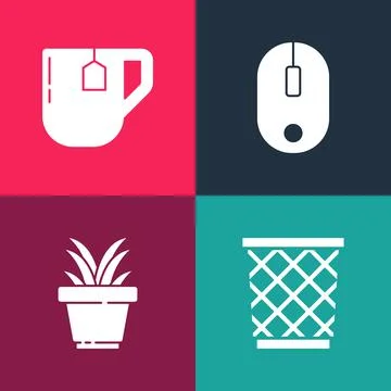 Set pop art Trash can, Plant in pot, Computer mouse and Cup of tea with tea bag Illustrazione stock
