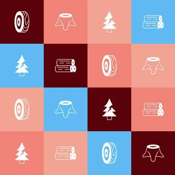 Set pop art Tree rings, stump, and Wooden log icon. Vector Illustrazione stock