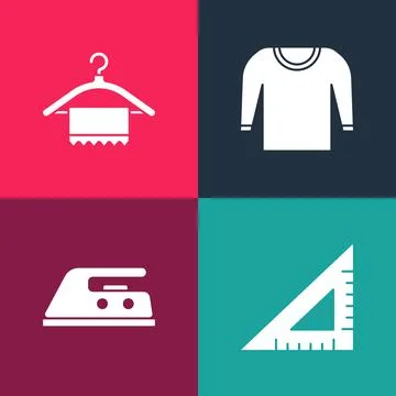 Set pop art Triangular ruler, Electric iron, Sweater and Hanger wardrobe icon Stock Illustration