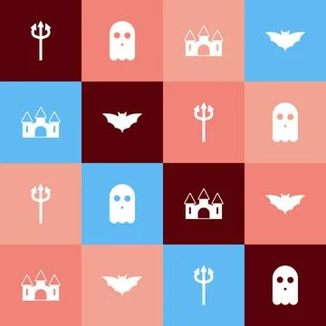 Set pop art Trident devil, Ghost, Castle and Flying bat icon. Vector Stock Illustration
