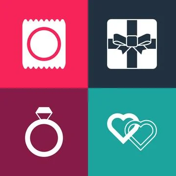 Set pop art Two Linked Hearts, Wedding rings, Gift box and Condom package i.. Stock-Illustration