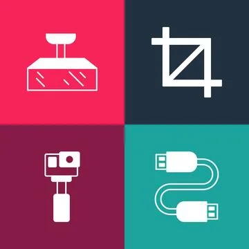 Set pop art USB cable cord, Action camera, Picture crop photo and Softbox light Stock Illustration