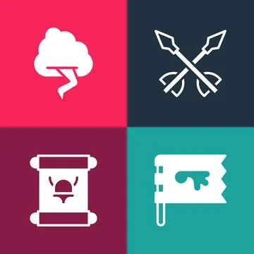 Set pop art Viking flag, Decree, parchment, scroll, Medieval arrows and Clo.. Stock Illustration