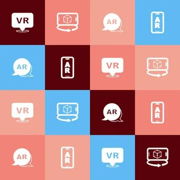 Set pop art Virtual reality, 3d modeling, Augmented AR and icon. Vector Illustrazione stock