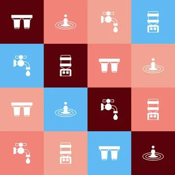 Set pop art Water filter cartridge, drop, tap and cooler icon. Vector Illustration