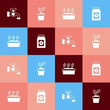 Set pop art Water tap, Plant in pot,  and Pack full of seeds icon. Vector Stock Illustration