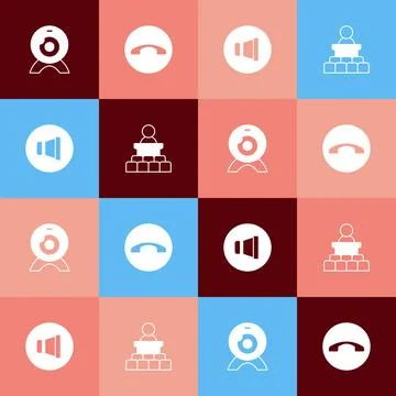 Set pop art Web camera, Telephone handset, Speaker volume and icon. Vector 스톡 일러스트