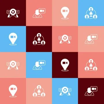 Set pop art Web camera, Video chat conference,  and Meeting icon. Vector Illustrazione stock