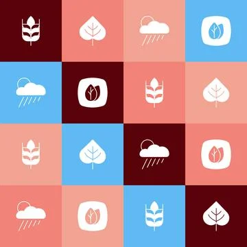 Set pop art Wheat, Leaf, Cloud with rain and sun and icon. Vector Stock Illustration