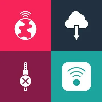 Set pop art Wi-Fi wireless internet, No audio jack, Cloud download and Glob.. Stock Illustration