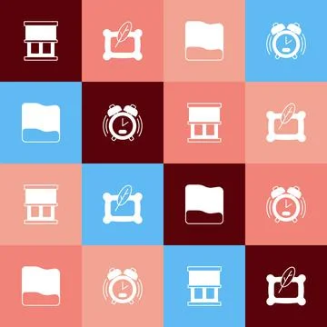 Set pop art Window with curtains, Pillow, and Alarm clock icon. Vector 스톡 일러스트