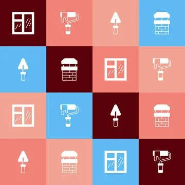 Set pop art Window in room, Paint roller brush, Trowel and Chimney icon. Vector Illustration