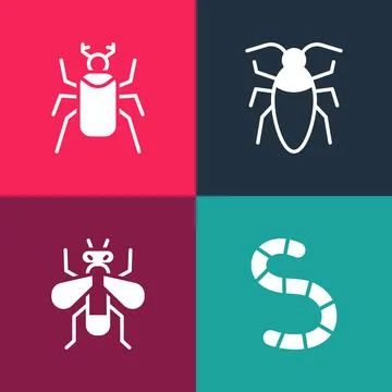Set pop art Worm, Insect fly, Cockroach and Beetle bug icon. Vector Stockillustratie