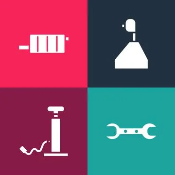Set pop art Wrench spanner, Car air pump, Gear shifter and muffler icon. Vector Stock Illustration